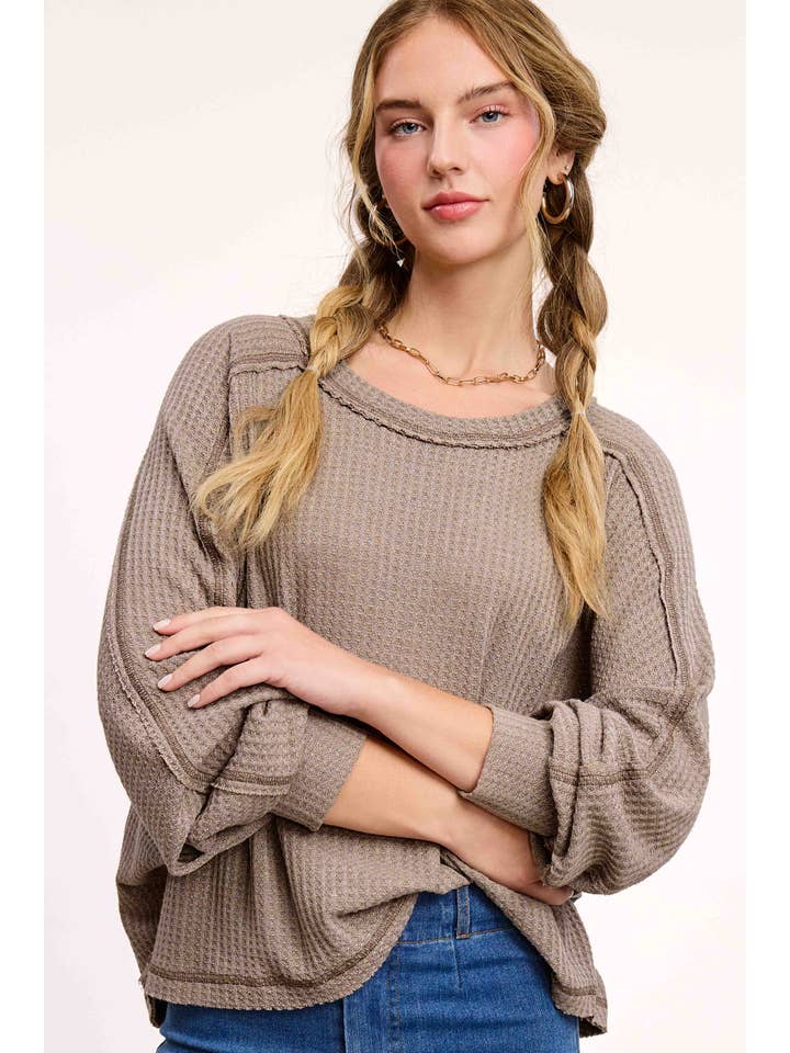 La Miel - Wholesale Knit Top - Women's - HAT7565-Brushed Waffle Fabric Loose Fit Long Sleeve Top2