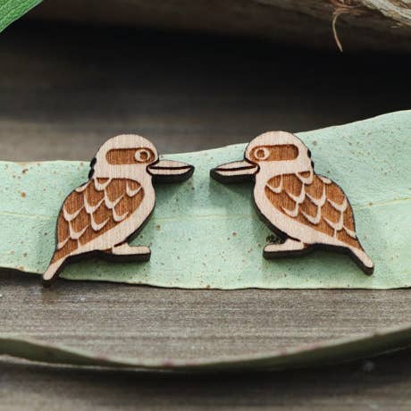Kookaburra Wooden Stud Earrings for wholesale by Wood With Words
