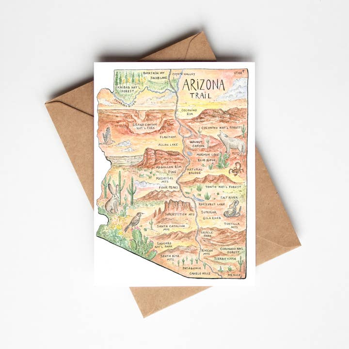 Arizona Trail Map Greeting Card for wholesale by Hiker Booty