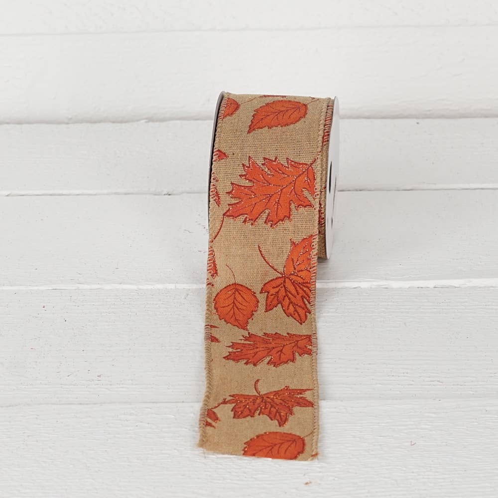 Impressive Enterprises, Inc. - Wholesale Ribbon - Gift Wrapping - R32911-Wired Ribbon-Burlap with Fall Leaves  (2.5inW)2