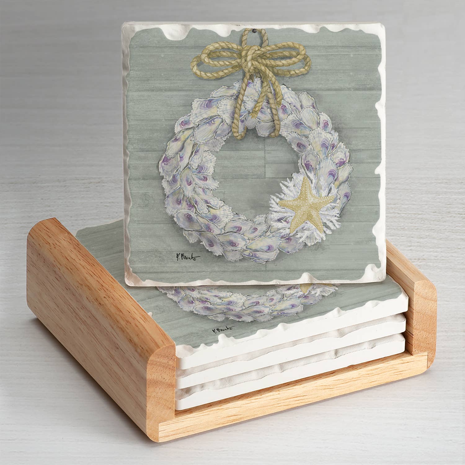 Conimar Promotions - Wholesale Coasters - Oyster Wreath 4 Pack Stone Coasters in Wooden Holder  0