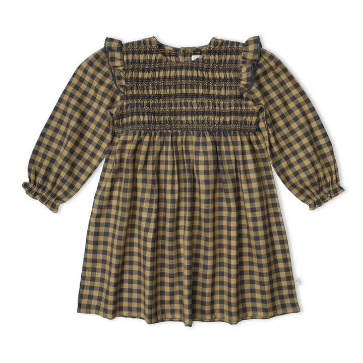 Organic Smocked Ruffle Dress - Olive Gingham for wholesale by Makemake Organics