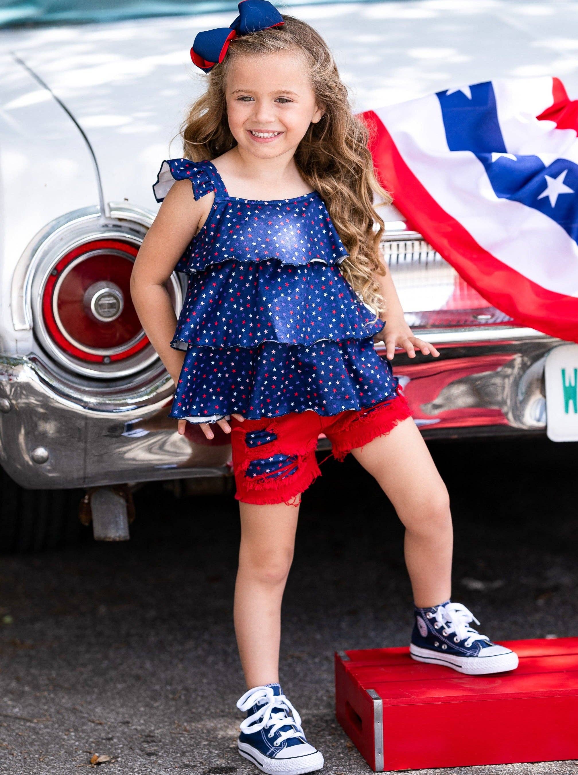 Navy Star Spangled Diva Patched Denim Short Set for wholesale on Faire3