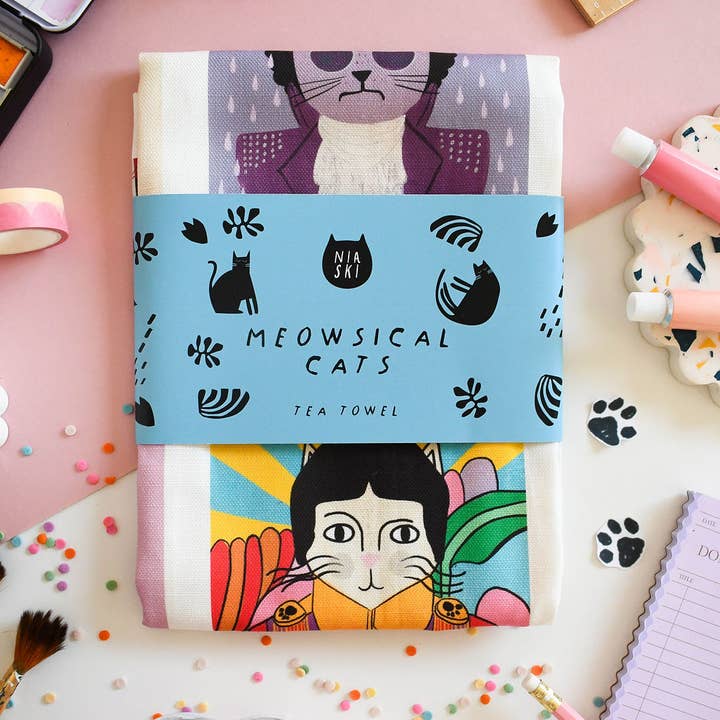 Niaski - Feline Fine Art (USA DUTIES PAID) – wholesale Tea towel – Meowsical Cats Tea Towel 2