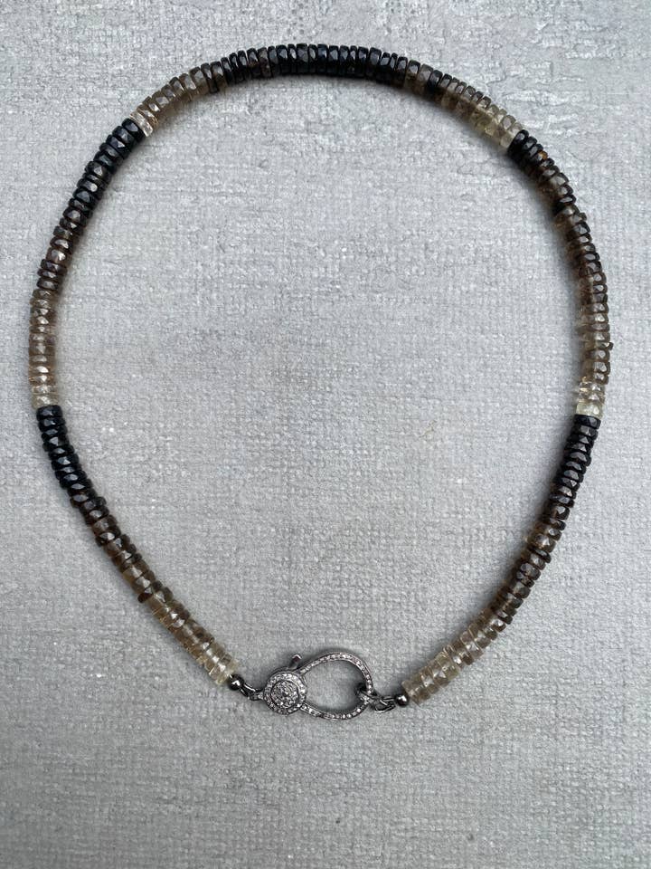 Smokey Quartz Faceted Ombré Beaded Necklace with Pave Diamond Clasp for wholesale by ILISSA MICHELE JEWELRY
