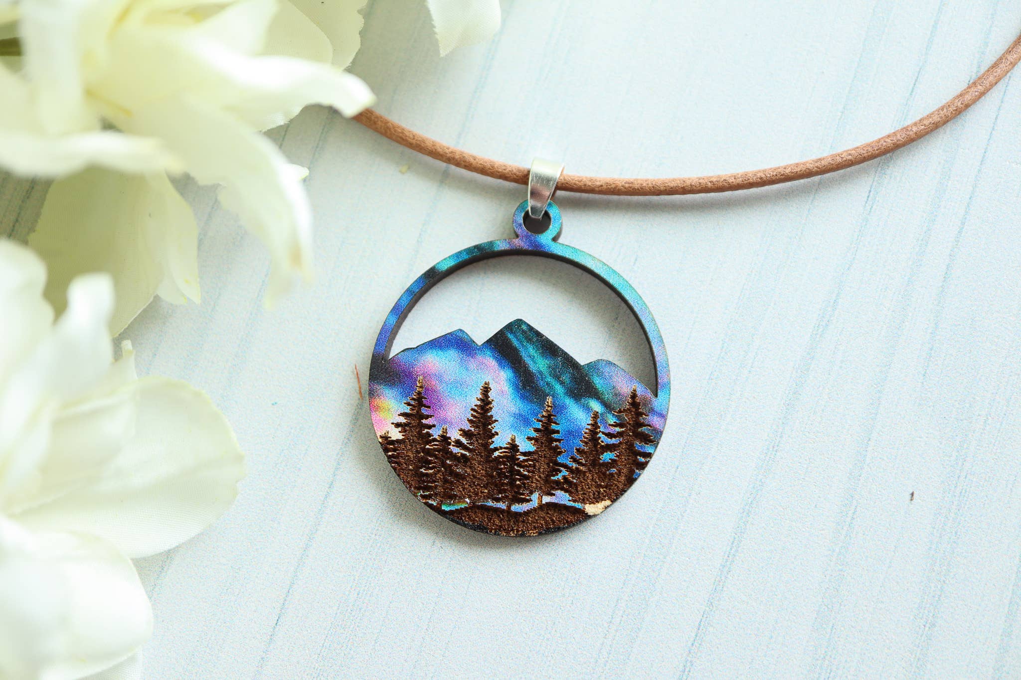 Nine Mile Creative - Wholesale Pendant/Charm Necklace - Aurora Mountains Wood Pendant Adjustable Necklace6