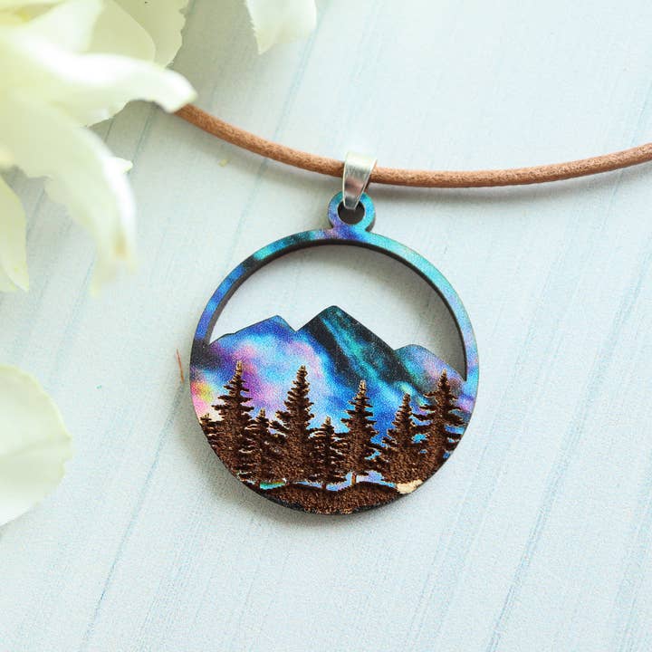 Nine Mile Creative - Wholesale Pendant/Charm Necklace - Aurora Mountains Wood Pendant Adjustable Necklace6
