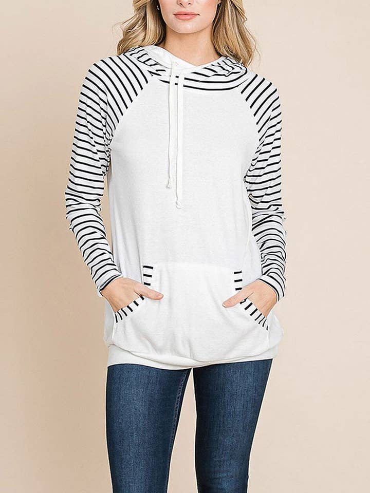 FRONT POCKET HOODED STRIPES COLORBLOCK TOP for wholesale by ROUSSEAU