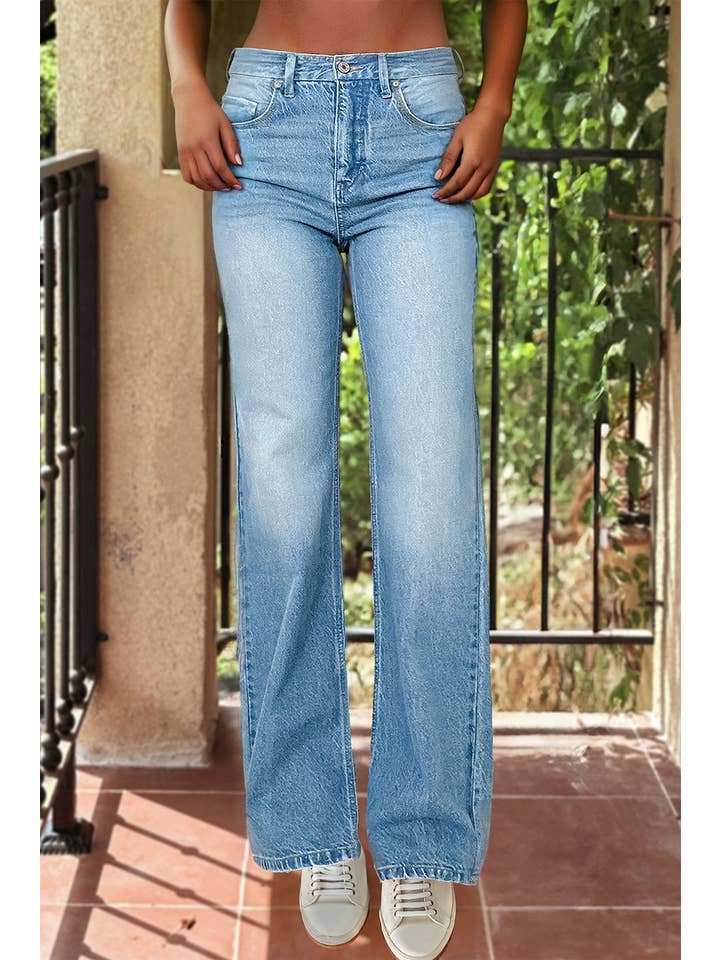 Blue Hayley High Rise Wide Leg Flare Jeans for wholesale on Faire