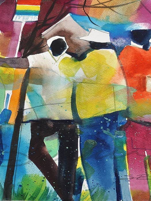 Kletsen bij de Bushalte Aquarelprint voor wholesale door SBrownART