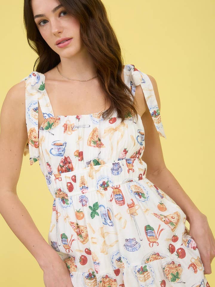OFF WHITE MULTI TEA TIME PRINT TIE STRAP MIDI DRESS for wholesale on Faire