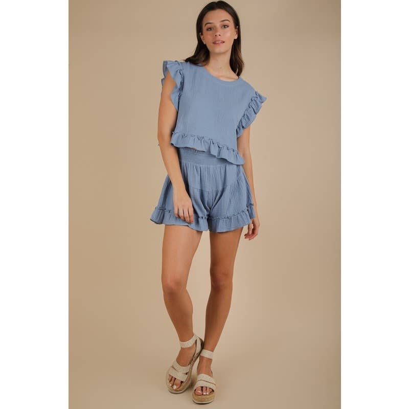 IVE - Vente Ensemble haut et short (PAS d'intérieur) - Femme - Ensemble haut tissé uni à volants ET short28