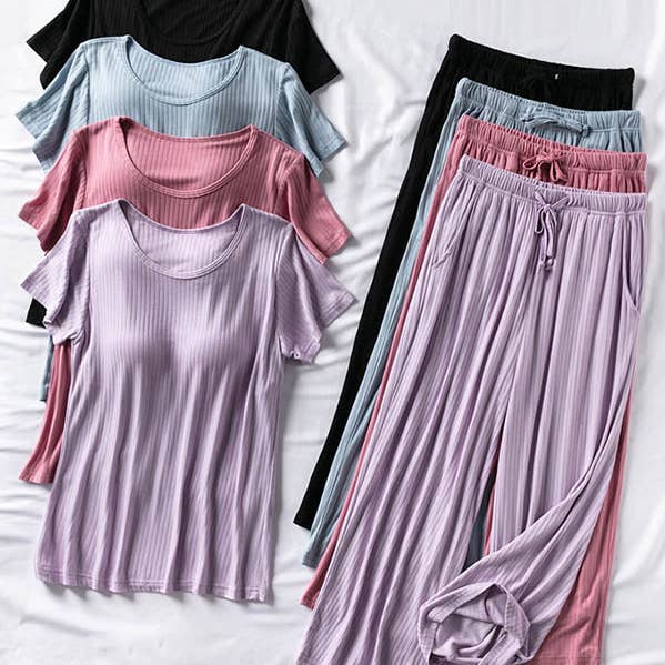 Solid Color Short Sleeve T-Shirts&Cropped Pants Pajamas Sets for wholesale by ShieldChic