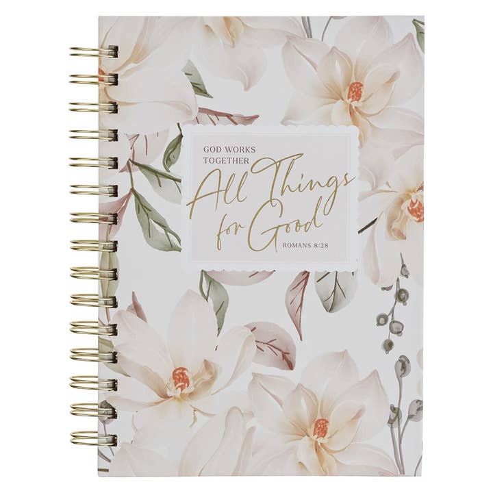 Journal Wirebound White Floral All Things For Good Rom. 8:27 for wholesale by Christian Art Gifts