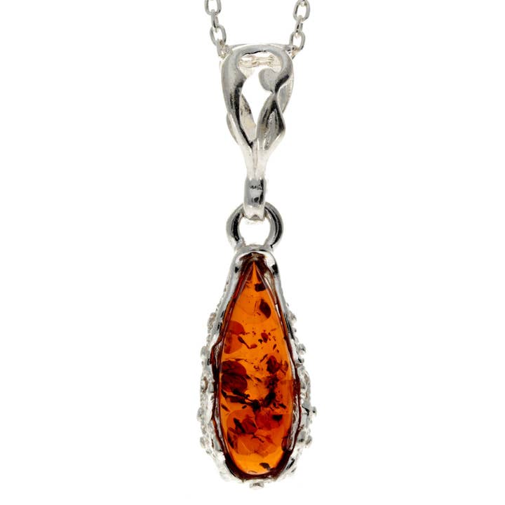 Pendentif moderne en argent sterling 925 avec ambre baltique en forme de goutte - G233 pour la vente par SilverAmber Jewellery