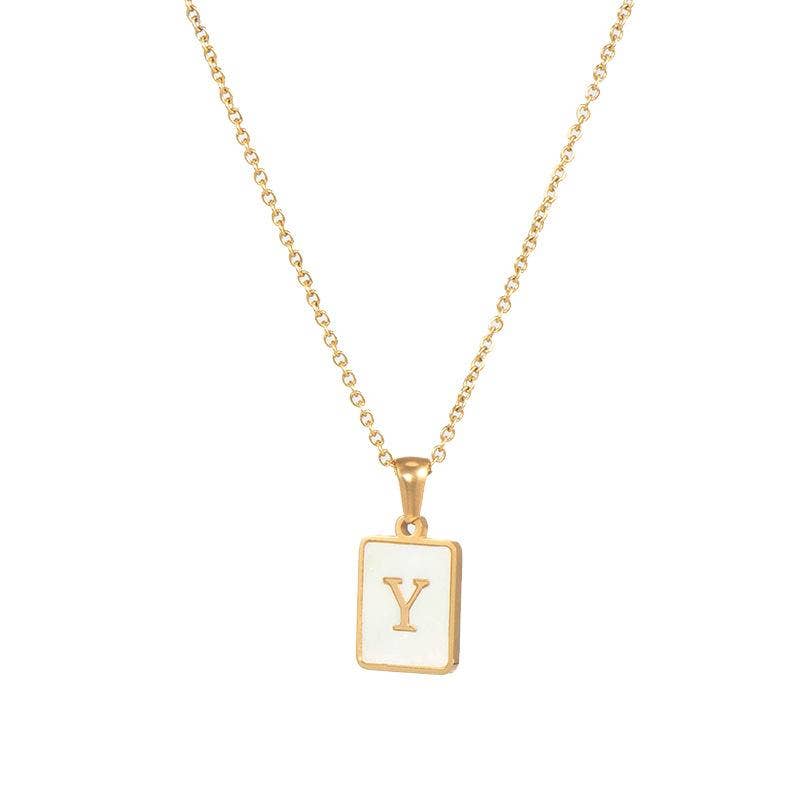 Mio Queena - Wholesale Pendant/Charm Necklace - Square Initial 18K Gold-plated Stainless Steel Necklace -FGS23