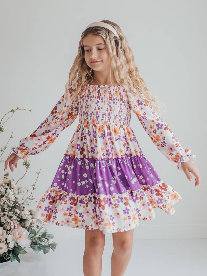 Oopsie Daisy - Wholesale Dress - Kids - Girls Grace Lavender Flower 3 Tiered Smocked Fall Dress0