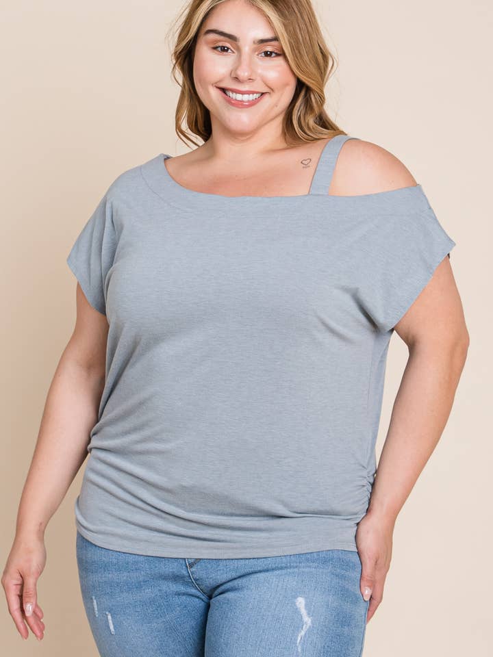 ETK-8524-PL Plus Size Solid One Shoulder Strap Casual Top for wholesale by Emerald Collection