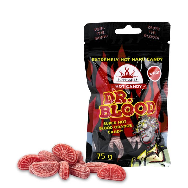 Hot Candy Dr Blood Poppamies Chili Orange Sweets - Lactosevrij Glutenvrij Veganistisch - Pittigheid: X-HOT - Grootte: 75 g voor wholesale door Lukata LTD