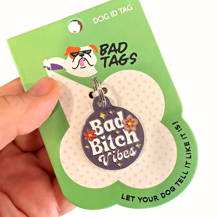 Purple Personalized Dog ID Tag w/ Scannable Code - Bad Bitch Vibes for wholesale on Faire