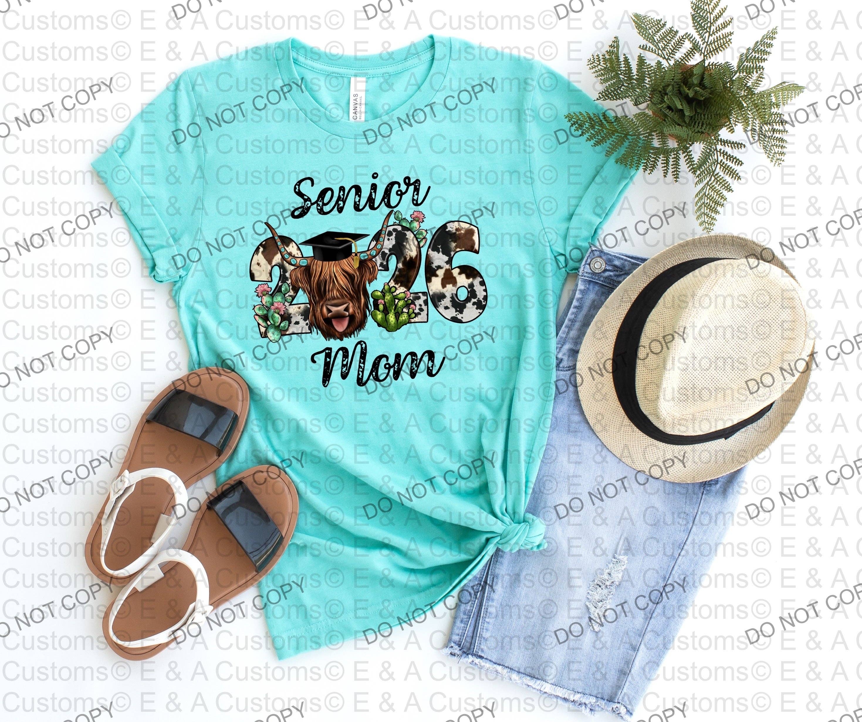 E & A Customs - Wholesale Screen Printed T-Shirt - Women's - Senior Mom 2026 Highland Cow Tee