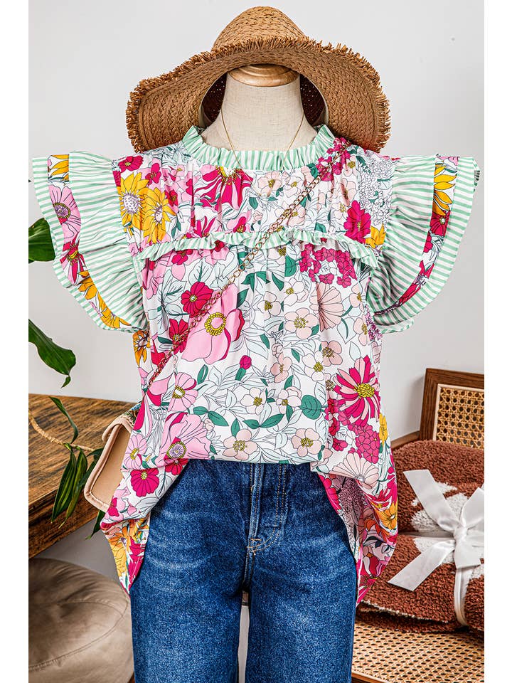 fashionworks - Wholesale Blouse - Women's - Fashion-W Floral Contrast Ruffle Trim Short Sleeve Blouse