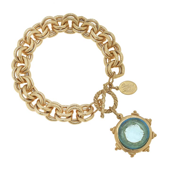 Aqua Venetian Glass Coin Intaglio on Gold Chain Bracelet for wholesale by Susan Shaw