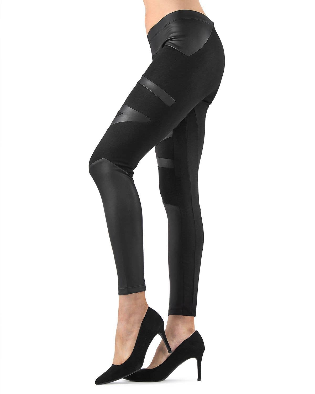 Black MeMoi Matxina Retro Cut Faux Leather Accents Leggings for wholesale on Faire1