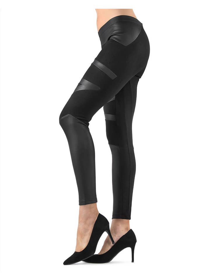 Black MeMoi Matxina Retro Cut Faux Leather Accents Leggings for wholesale on Faire1