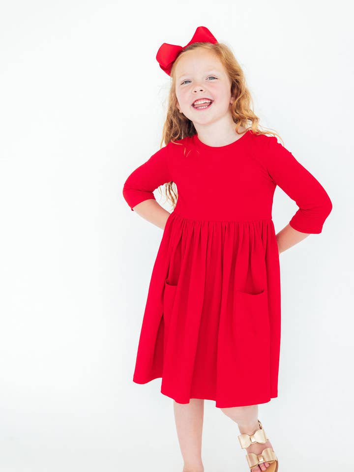 Mila & Rose - Wholesale Dress - Kids - Red 3/4 Sleeve Pocket Twirl Dress0