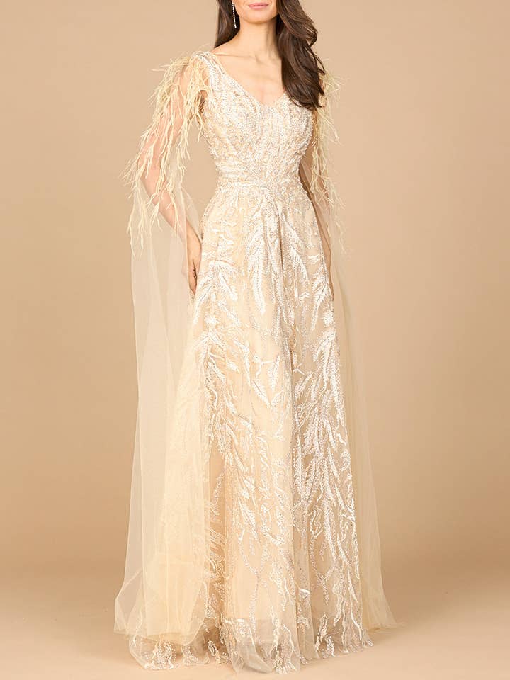 V-Neck Lace Gown with Cape Sleeves for wholesale by Lara New York