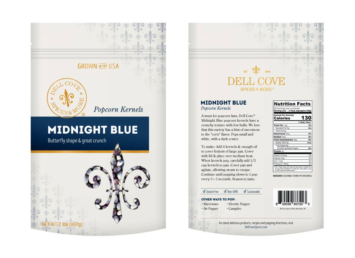 Dell Cove Spices & More Co. – wholesale Popcorn kernels – Midnight Blue Popcorn Kernels - 2 Pound Bag - Gamer Snacks4