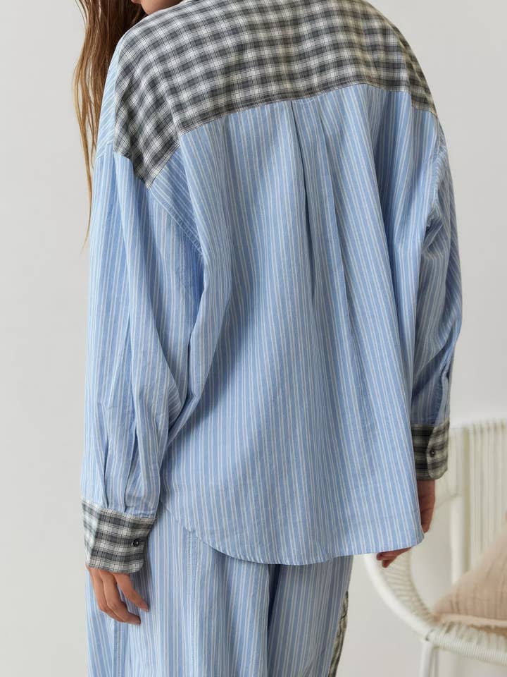 Rosa Clothing - Wholesale Sleepwear Set - Women's - Pink plaid patchwork loose pajama set11