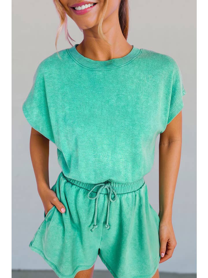 As shown Mineral Wash Drawstring Waist Hollow Out Back Romper | S-XL for wholesale on Faire