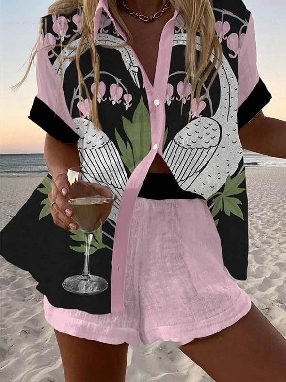 Rosa Clothing - Wholesale Top & Short Set (NOT Loungewear) - Women's - Roma Vibrant unique print shirt & shorts resort loose set