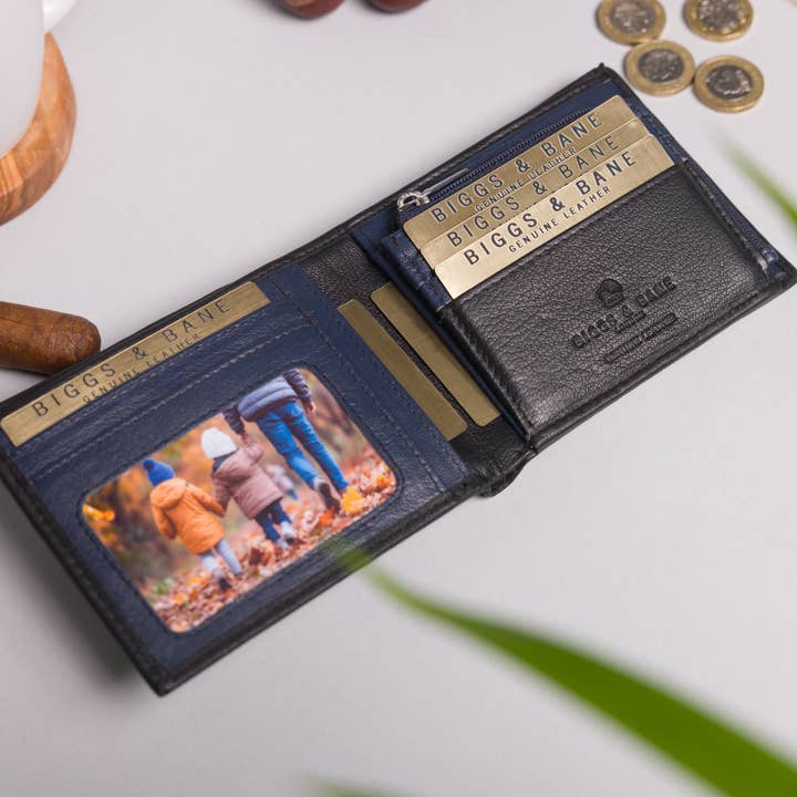 Redbrick - Vente Portefeuille – homme - Portefeuille pour homme Biggs & Bane en cuir noir et bleu marine avec grande poche zippée pour pièces de monnaie0