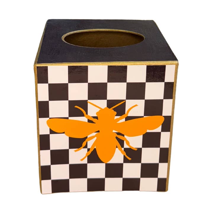 Paper Mache Kleenex Box with a gold bee and checkered box for wholesale by TOPICS IN THE TROPICS
