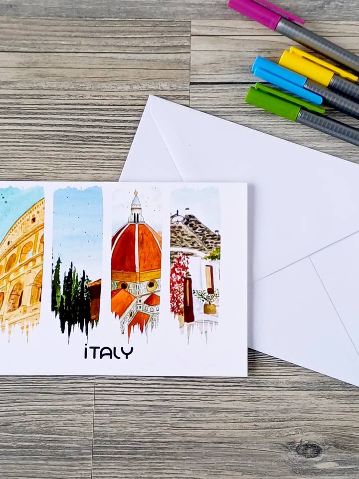 Hälsningskort – Italien – Resinspirerad akvarellillustration för wholesale av Christina Jenne Art and Design