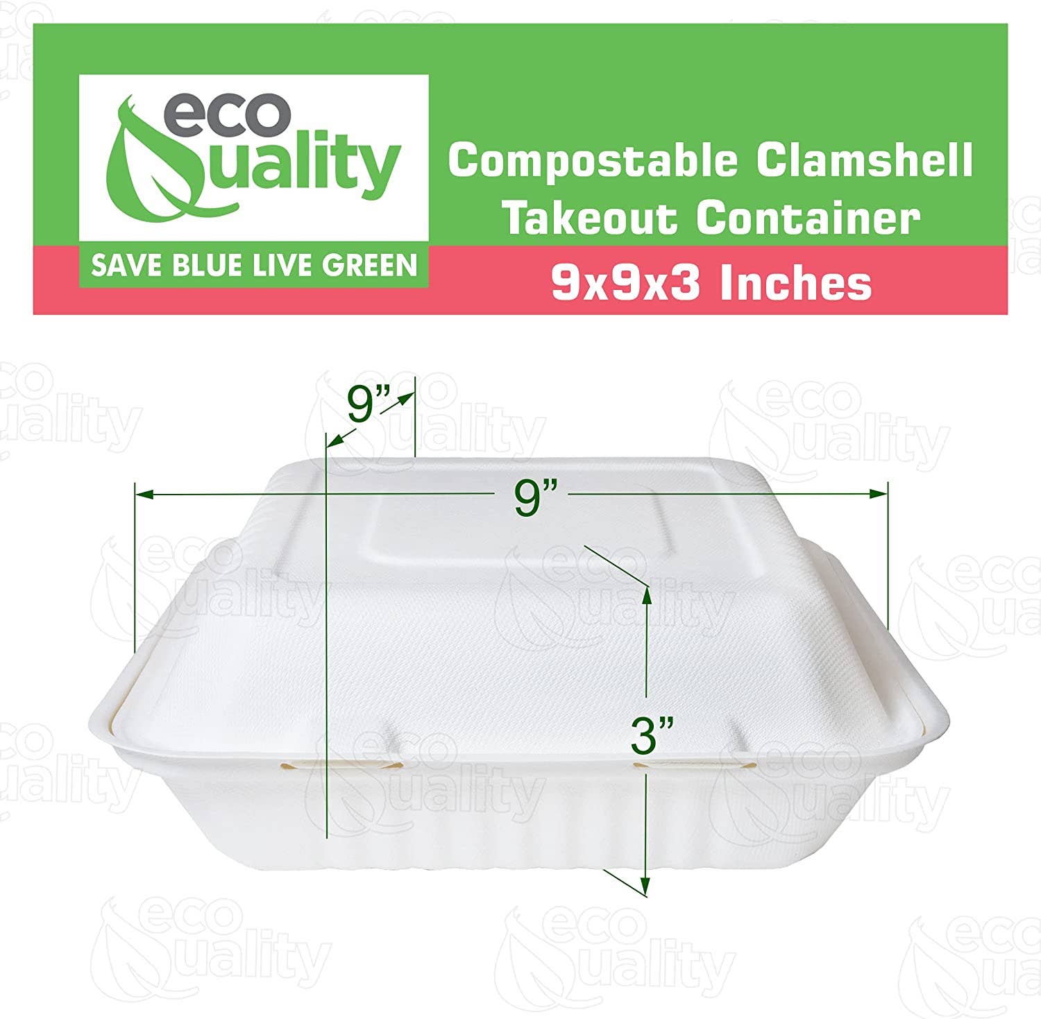 EcoQuality - Venta al por mayor Recipientes para alimentos - Caja compostable cuadrada con bisagras para comida para llevar de 9 x 9 pulgadas2