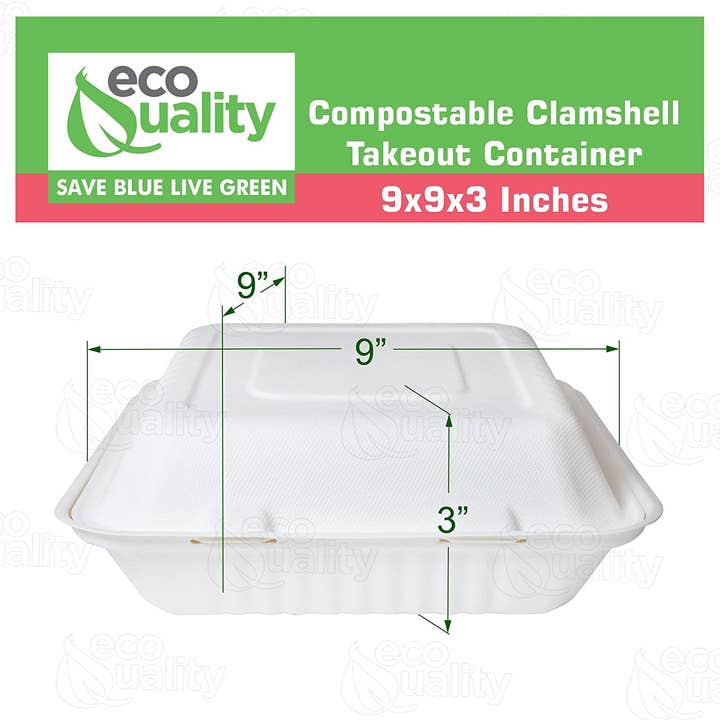 EcoQuality - Venta al por mayor Recipientes para alimentos - Caja compostable cuadrada con bisagras para comida para llevar de 9 x 9 pulgadas2