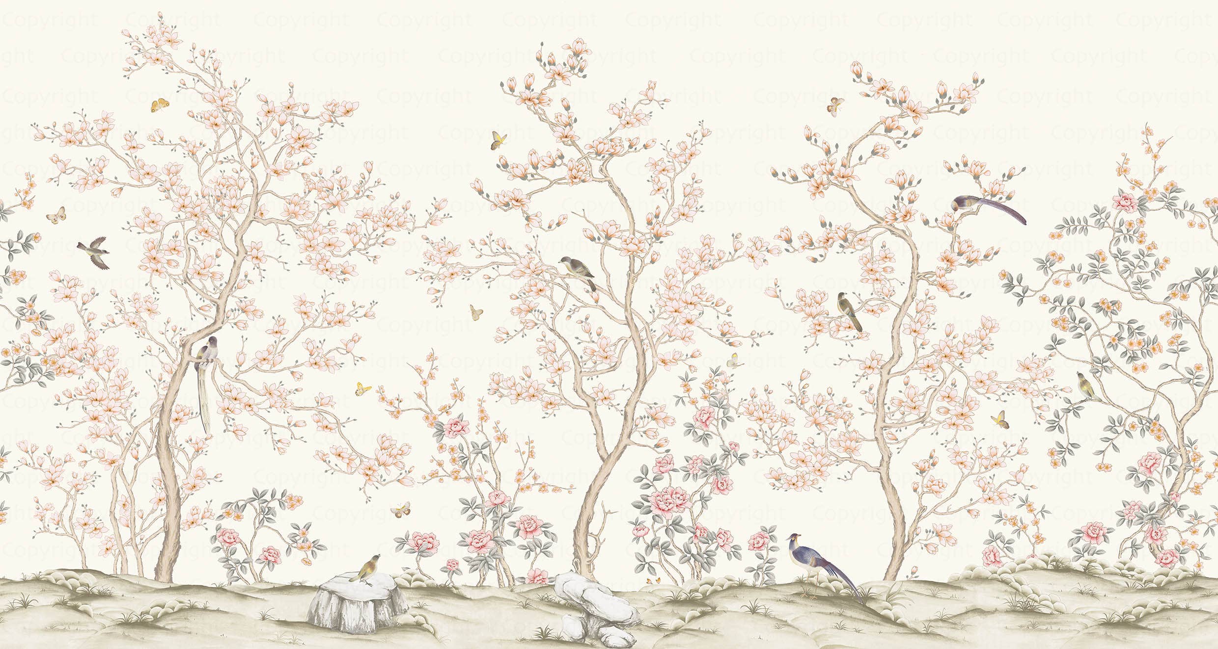 GK Home Decor - Venta al por mayor Papel pintado - Murales de papel pintado Chinoiserie Serene Blossom ilustrado a mano0