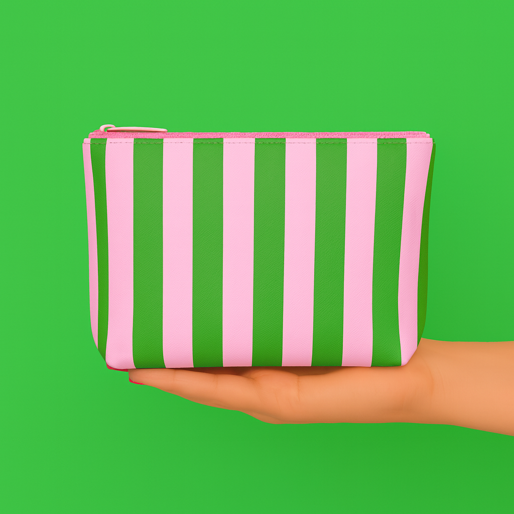 Aspen Lane - Wholesale Makeup/Cosmetic Bag - Cute pouch + cosmetic bag | leather pink & green stripe1