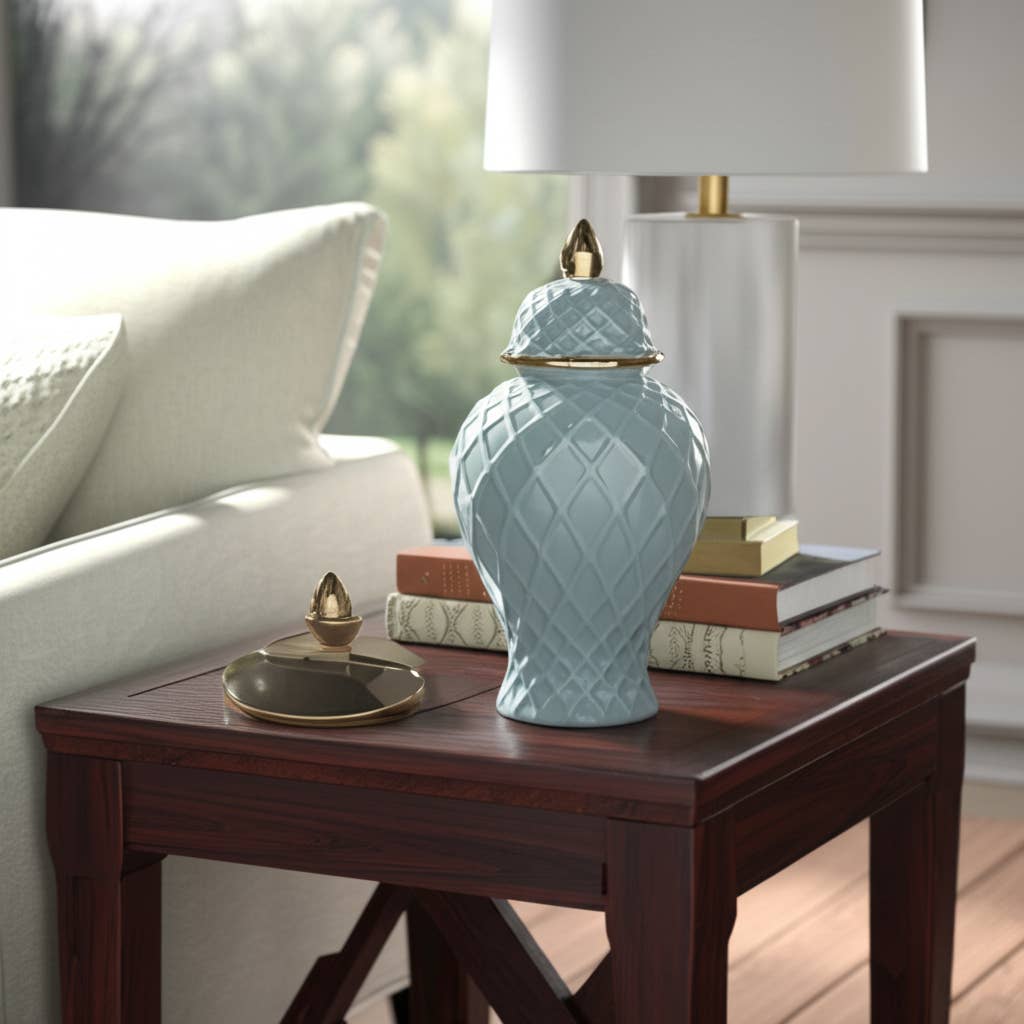 Sagebrook Home - Wholesale Decorative Jar - Ceramic Rope Temple Lidded Decorative Jar - Blue, 14 in.11