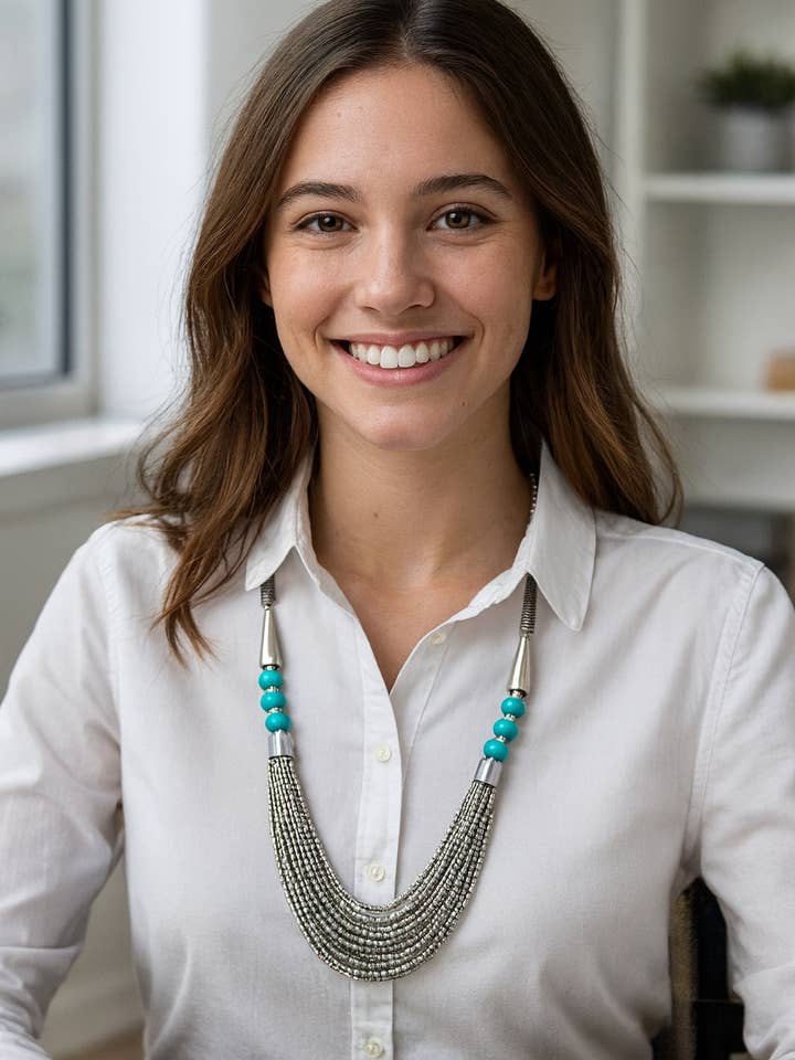 Silver & Turquoise Beaded Statement Necklace – Handmade Chri for wholesale by ANJI