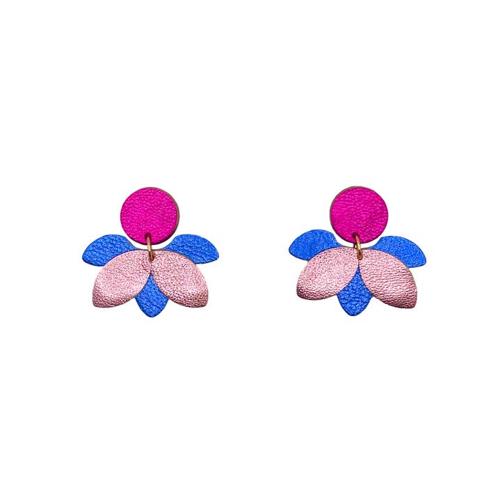 Flower earrings in pink and Klein blue leather for wholesale by Manali