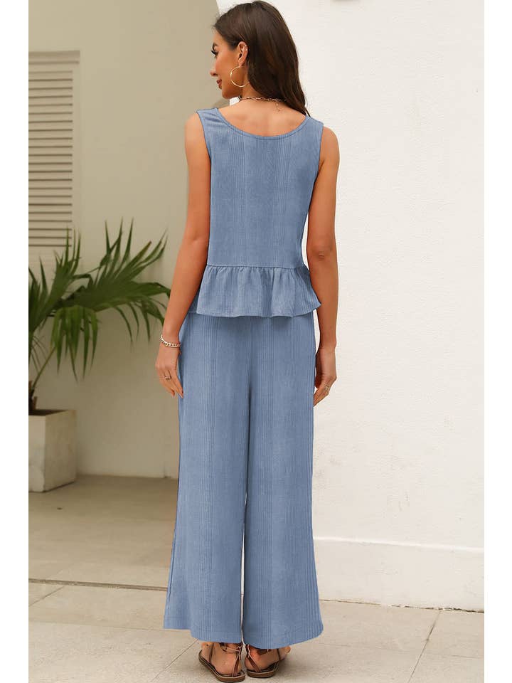 Beau Blue Solid Color Ribbed Ruffle Tank Top and Pants Set for wholesale on Faire