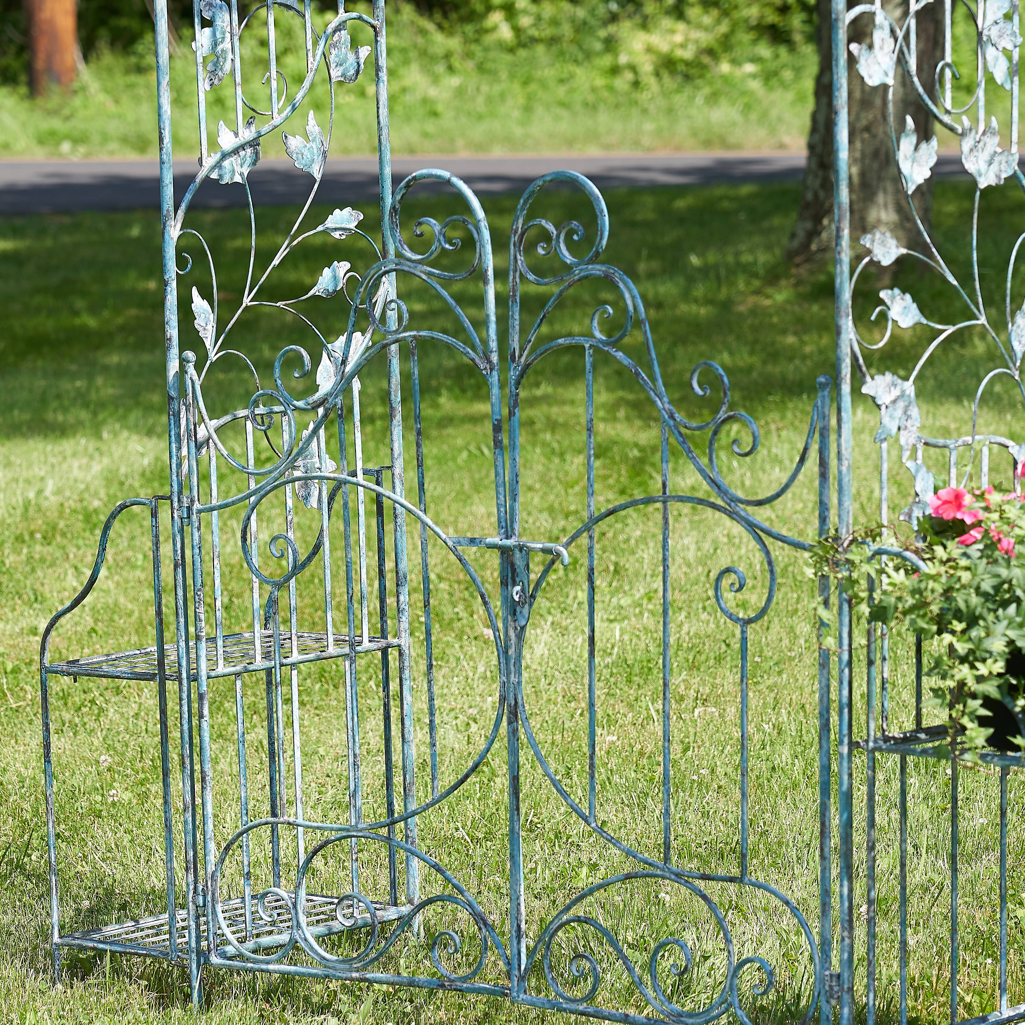 Zaer Ltd. International - Wholesale Outdoor Ornament/Decor - Iron Garden Gate w/Side Plant Stands "Stephania" in 3 Colors4