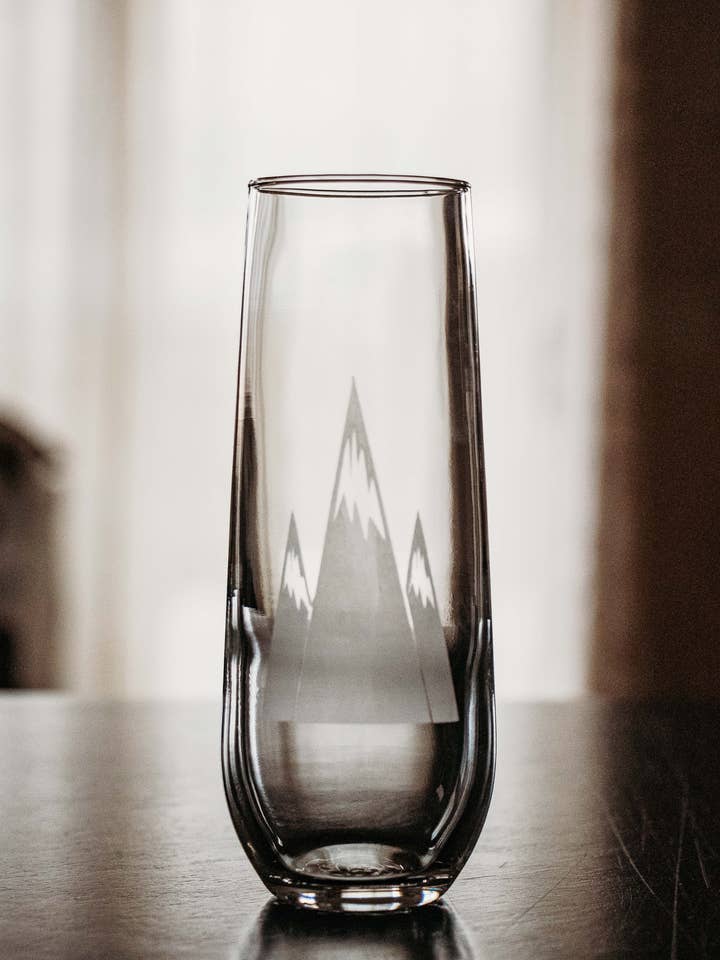 Etched Champagne Glass, 8 oz stemless Champagne Glass for wholesale by Lester Lou’s Designs