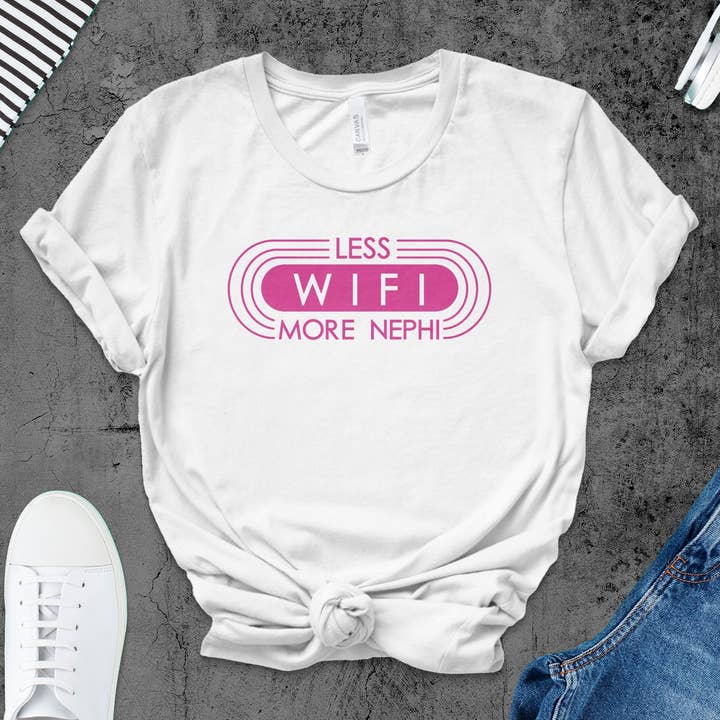 Funny Christian T-Shirt Less WiFi More Nephi, Religious Humor Tee, LDS Shirt for Youth Activities, Church Camp Casual Wear, Gift Idea for wholesale by FreakyTeeFactory