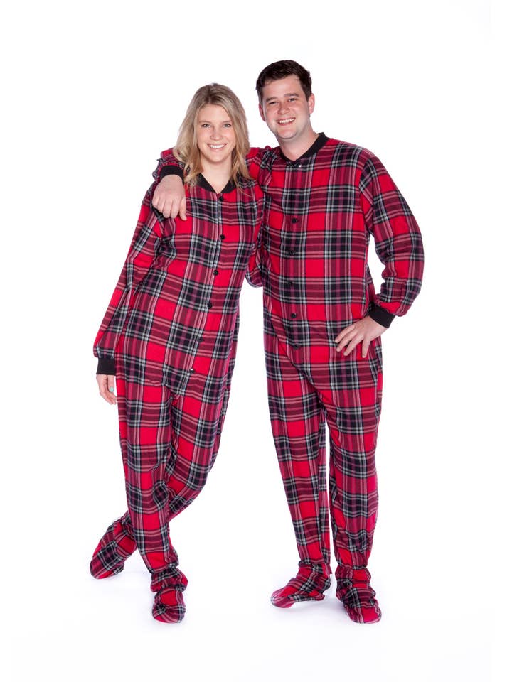 Pijama de franela para adulto, con patas, color rojo y negro para venta al por mayor de Big Feet Pajamas